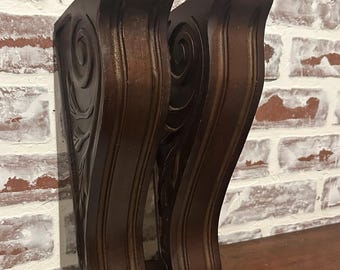 Pair of Solid Wood Mahogany Corbels w/ Ornate Leaf Pattern | Old World Traditional Elegant Corbel | Rustic Shelf Brackets