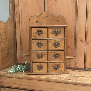 Antique 8-Drawer Oak Wood Spice Cabinet Wall Hung or Countertop | Apothecary Cabinet | Herb Storage Cabinet | Vintage Kitchen Decor