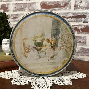 Antique Southern Biscuit Co Tin Can | 1700s Era Scene Floral Flower Design | Round Decorative Tin Can | Victorian Decor | Shabby Chic Decor