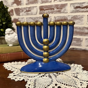 Ceramic Hand Painted Cobalt Blue 9-Branch Menorah Hanukkah | Jewish Hebrew Shabbat | Judaica Collectibles | Religious Chanukah Candle Holder