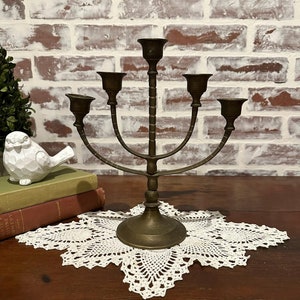Vintage Solid Brass 5-Branch Hanukkah Menorah | Jewish Hebrew Shabbat | Judaica Collectibles | Religious Ceremonial Chanukah Candle Holder