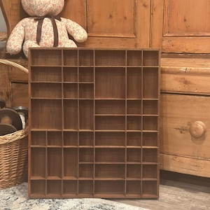 Vintage 49-Sectional Wood Wall Hung Curio Display Cubby Cabinet w/ Dual Hanging Hooks | Knick Knack Display | Miniature Trinket Case