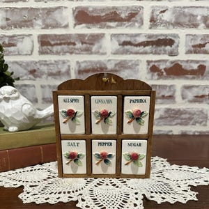 Vintage Hand Painted Ceramic 7 Piece Spice Jars w/ Wooden Spice Rack Wall Hung Cherry On Vine Motif | Made In Japan | Kitchen Spices