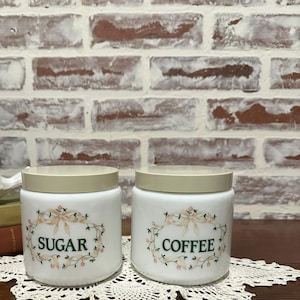 Vintage CLP Milk Glass Sugar Coffee Canister Jars w/ Floral Ribbon Design 4552 | Made in England | Kitchen Storage Container | Spice Jars