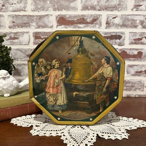 Vintage Sunshine Biscuits Tin Can | Liberty Bell & American Historical Events | Octagon Shaped Tin | Rustic Decor | Shabby Chic Decor