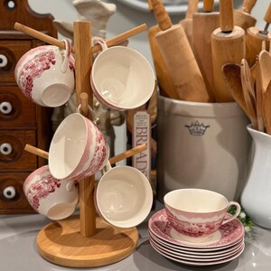 Servizio da tè vintage in porcellana Johnson Bros England con tazza e piattino decorati con motivo Historic America Pink / decorazione a trasferimento in porcellana fine rosa e bianca
