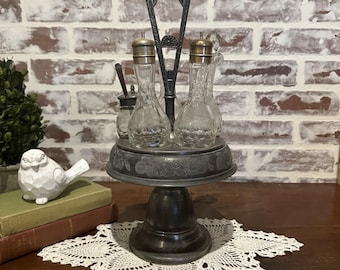 Antique Victorian Silver Plate Etched Glass Cruet Condiment Caddy Set 5 Pieces Footed Swivel Caddy 17" | Castor Cruet Set | Tabletop Decor