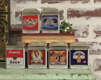 Set of 6 Vintage Metal Spice Tins | Cambells Soup Coca Cola Uneeda Biscuit Sun Maid Raisins Nestle Hersheys Kisses | Kitchen Spice Jar Decor