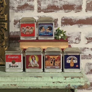 Set of 6 Vintage Metal Spice Tins | Cambells Soup Coca Cola Uneeda Biscuit Sun Maid Raisins Nestle Hersheys Kisses | Kitchen Spice Jar Decor