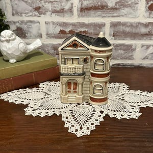 Vintage Hand Painted Large House Shaped Ceramic Money Bank w/ Gray Roof | Victorian Style House | Home Decor | Piggy Bank | Savings Jar