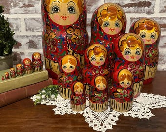 Vintage Hand Painted 12" Traditional Russian Wood Matryoshka Nesting Dolls Set of 15 | Home Decor | Handmade Folk Art Decor