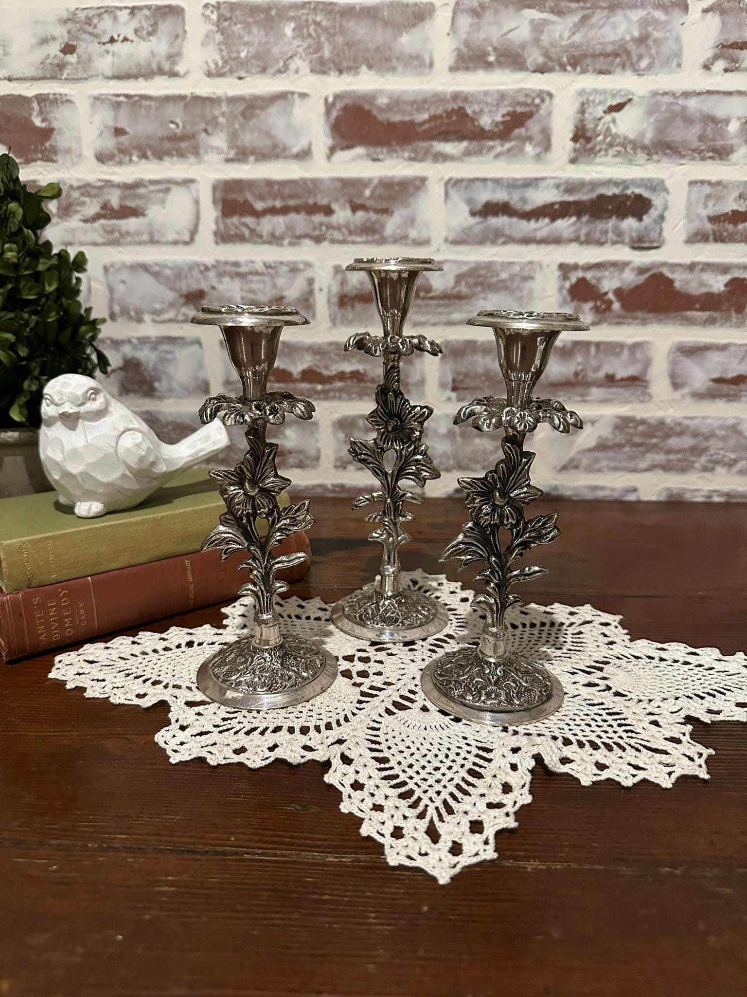 Set of 3 Vintage Silver Baroque Victorian Candlestick Holders w/ Floral Design | Vintage Home Decor | Tabletop Decor | Taper Candleholder