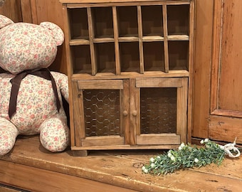 Vintage 10-Sectional Solid Wood Curio Cabinet w/ Wire Mesh Doors | Farmhouse Country Cottage Decor | Knick Knack Apothecary Spice Cabinet