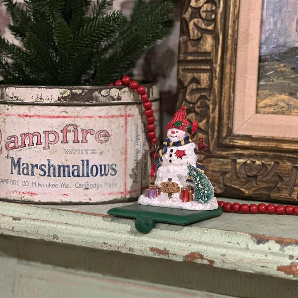 Vintage Cast Iron Stocking Holder w/ Resin Snowman, Toys & Christmas Tree | Fireplace Mantel Decor | Christmas Stocking Hanger