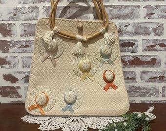 Bolso vintage de mimbre tejido a mano con asas de bambú y motivo de sombrero para el sol / Hecho en Japón / Bolso artesanal / Bolso de playa bohemio / Moda vintage