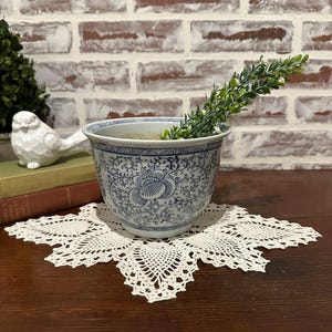 Hand Painted Chinese Porcelain Flower Plant Pot w/ Blue & White Lotus Floral Motif and Drainage Hole | Jingdezhen China Oriental Home Decor
