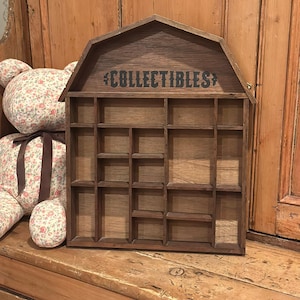 Vintage 18-Sectional &quot;Collectibles&quot; Barn House Shaped Wood Curio Wall Hung Display Cabinet | Knick Knack Display | Miniature Trinket Case