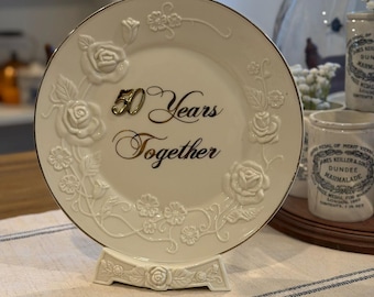 Vintage Porcelain "50 Years Together Anniversary Keepsake Plate and Stand w/ Floral Embossed & Gold Trim | Wedding Anniversary Gift
