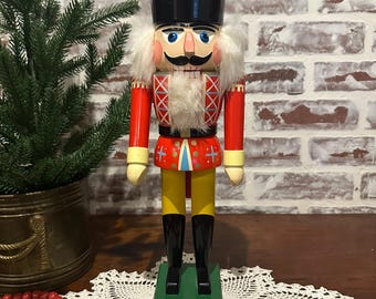 Vintage Hand Painted German Wood King Nutcracker w/ Rabbit Fur | Poseable Nutcracker Fireplace Mantel Decor | Christmas Holiday Collectible