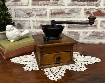 Antique Primitive Wood Coffee Bean Grinder Mill w/ Cast Iron Top & Wood Crank Handle | Farmhouse Country Cottage Rustic Kitchen Decor