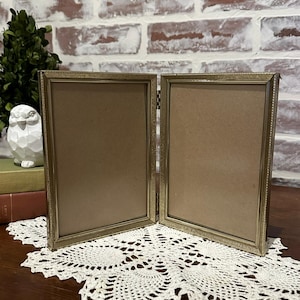 Vintage Brass Ornate Hinged Double Bifold Picture Photo Frame w/ Glass Cover 5&quot;x7&quot; | Gold Tone Metal Picture Frame | Display Memories