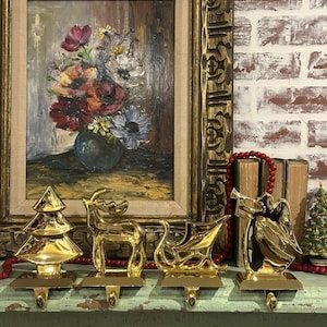 Polished Gold Tone Metal Stocking Holder Your Choice of Angle, Reindeer, Sleigh or Christmas Tree | Christmas Stocking Hanger | Mantel Decor