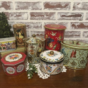 Vintage Floral Motif Decorative Tin Canister w/ Lid Variety Your Choice | Flower French Paris France Country Bicycle | Vintage Home Decor