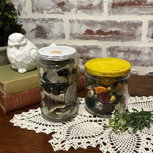 Assortment of Buttons in Glass Jar | New Used Vintage Variety of Sizes, Shapes & Colors | DIY Craft Supplies | Sewing Notions | Scrapbooking
