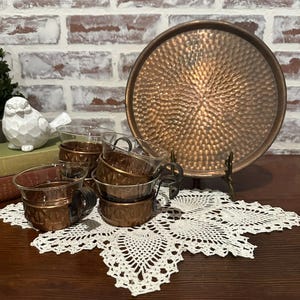 Set of 6 Vintage Schott & Mainz Jena Glass Tea Set w/ Copper Holders and Round Serving Tray | MCM Drinkware