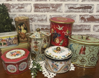 Vintage Floral Motif Decorative Tin Canister w/ Lid Variety Your Choice | Flower French Paris France Country Bicycle | Vintage Home Decor