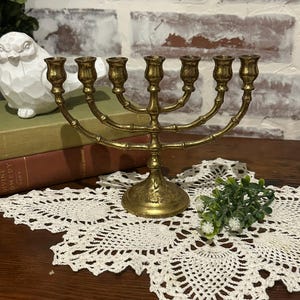 Vintage 7-Branch Brass Menorah Hanukkah Candle Holder w/ Ornate Design | Jewish Hebrew Judaica Collectible | Religious Chanukah Candleholder