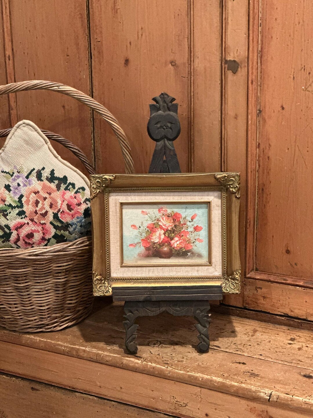 Vintage Pink Floral Original Oil Painting on Canvas Signed by Artist W ...