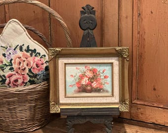 Vintage Pink Floral Original Oil Painting on Canvas Signed by Artist w/ Ornate Gold Tone Wood Frame & Matting | Vintage Fine Art Bouquet