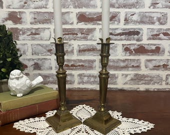 Pair of Vintage Brass Candlestick Holders w/ Square Base & Patina Finish | Vintage Home Decor | Solid Brass Taper Candleholders