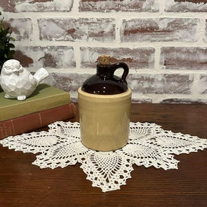 Vintage USA Cream & Brown Glazed Thumb Crock Jug w/ Cork 5.5&quot; | Made in USA | Vintage Stoneware | Whisky Jug | Vintage Pottery | Decanter