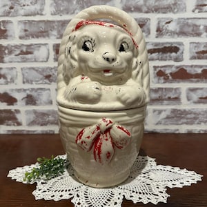 Vintage American Bisquit Dog in Basket Ceramic Cookie Jar w/ Lid | Cookie Treat Canister | Collectible Canister | Vintage Kitchen Decor