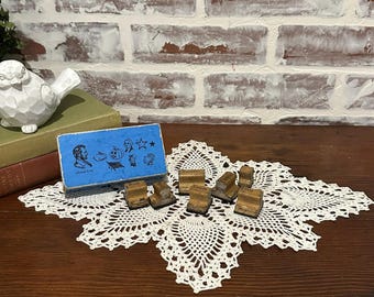 Vintage Wooden Rubber Stamp Blocks w/ Cardboard Box | Holiday President Animal Theme | Scrapbooking Journaling | Diary Stamps | DIY Crafting