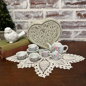11-Piece Porcelain Miniature Childrens Play Tea Set w/ Pink Floral Design Pattern & Heart Shaped Keepsake Metal Box | Collectible Kids Toys