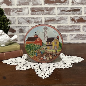Vintage Round Country Farm Scene Tin Can Container | Farmhouse Crops Windmill | Vintage Tin | Vintage Decor | Home Decor | Storage Container