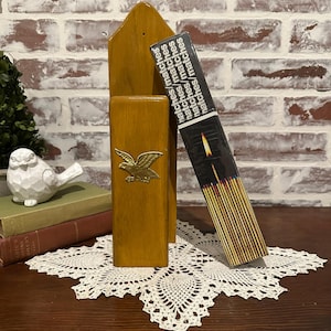 Vintage Wooden Matchstick Holder w/ Gold Tone Brass Eagle, Striker and Box Matches | Wall Mount Long Matchstick Box | Fireplace Mantel Decor