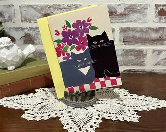 Vintage Russ Katze Thema Blanko Grußkarte mit Gelbem Umschlag | Katzen Vintage Grußkarte | Scrapbooking Schreibwaren Ephemera | Katzenliebhaber