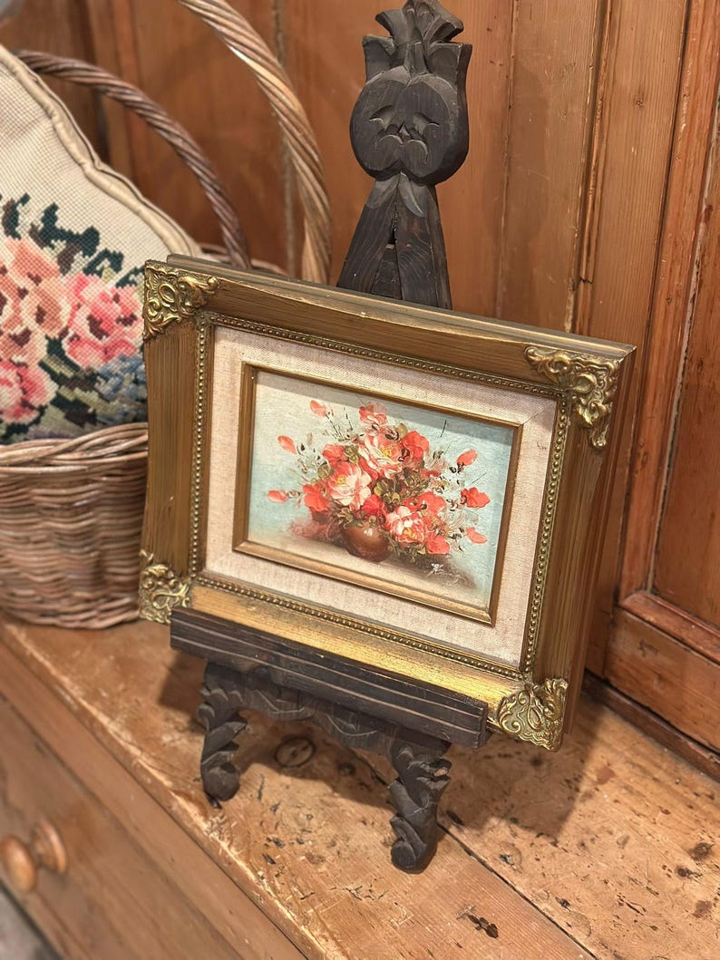 Vintage Pink Floral Original Oil Painting on Canvas Signed by Artist W ...