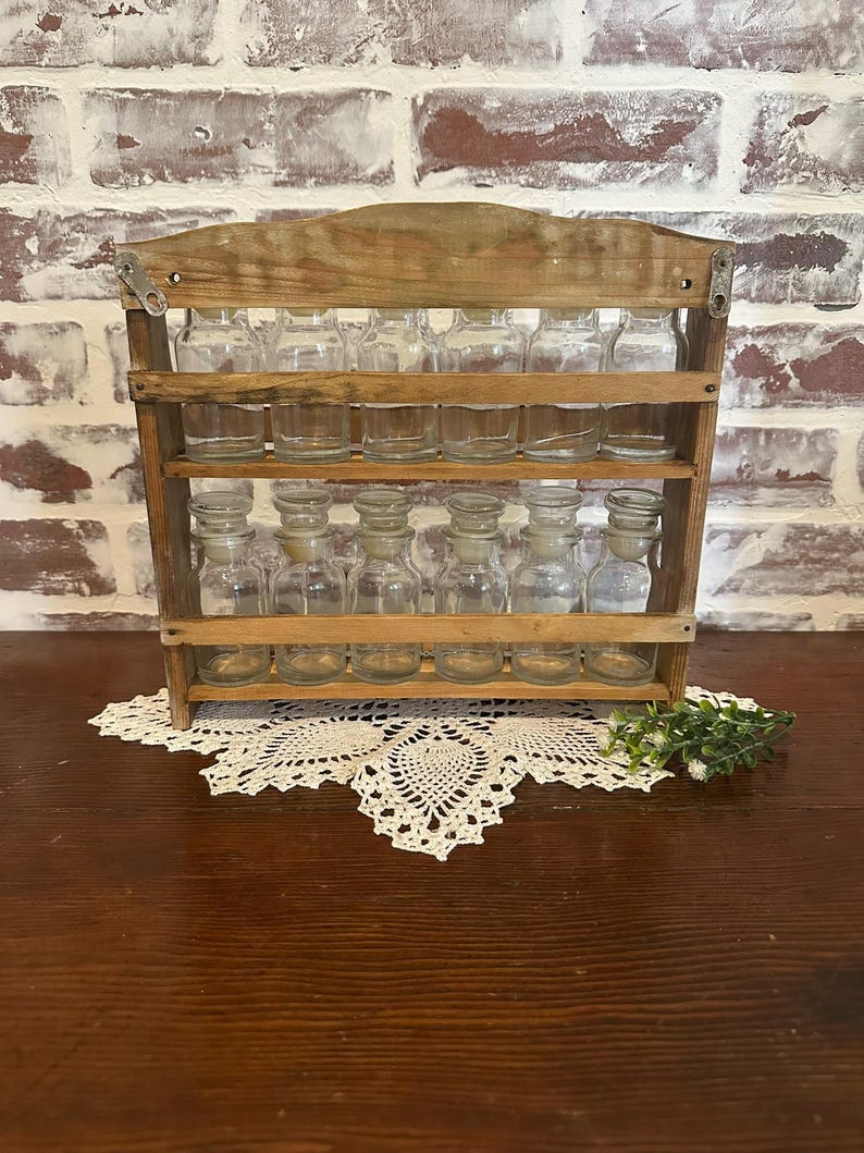 Vintage 2-tier Wooden Spice Rack W/ 12 Clear Glass Spice Apothecary ...