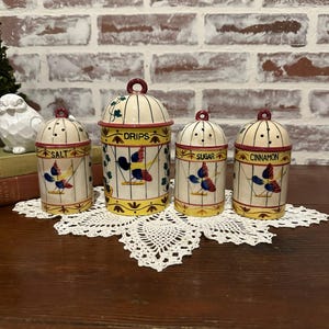Set of 4 Vintage Hand Painted Ceramic Spice Jars and Canister w/ Bird Cage & Bird Motif | Drips Canister Saltshaker Sugar Jar Cinnamon Jar