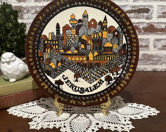 Plato de cerámica vintage pintado a mano con escena de la ciudad de Jerusalén / Israel Tierra Santa Hebrea / Plato decorativo / Oración religiosa