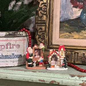 Vintage Resin Picture Frame w/ Santa Claus Painting with Elfs and Snowy House with Horse Carriage | Christmas Decor