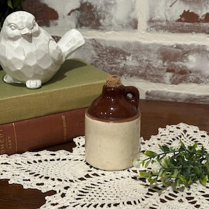 Vintage Miniature Cream & Brown Glazed Thumb Crock Jug w/ Cork 3&quot; | Vintage Stoneware | Whisky Jug | Vintage Pottery | Syrup Jug Decanter