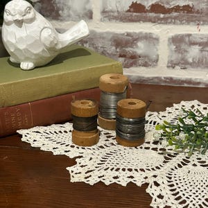 Trio of Antique Wood Spools w/ Variety of Industrial Metal Tinsel Wire Set of 3 | DIY Crafting Sewing | Vintage Decor | Movie Prop
