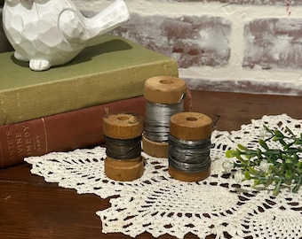 Trio of Antique Wood Spools w/ Variety of Industrial Metal Tinsel Wire Set of 3 | DIY Crafting Sewing | Vintage Decor | Movie Prop