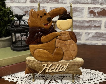 Vintage Winnie the Pooh Wood Carving Wall Hanging Decor "HELLO" | Kids Baby Nursery Room Decor | Disney | Wall Decor | Hand Carved